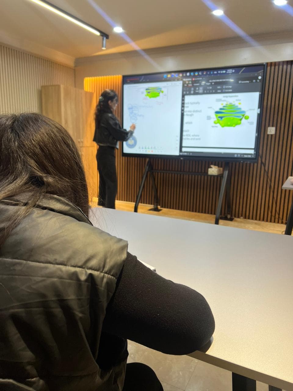 Classroom with circular LED ceiling and interactive screen