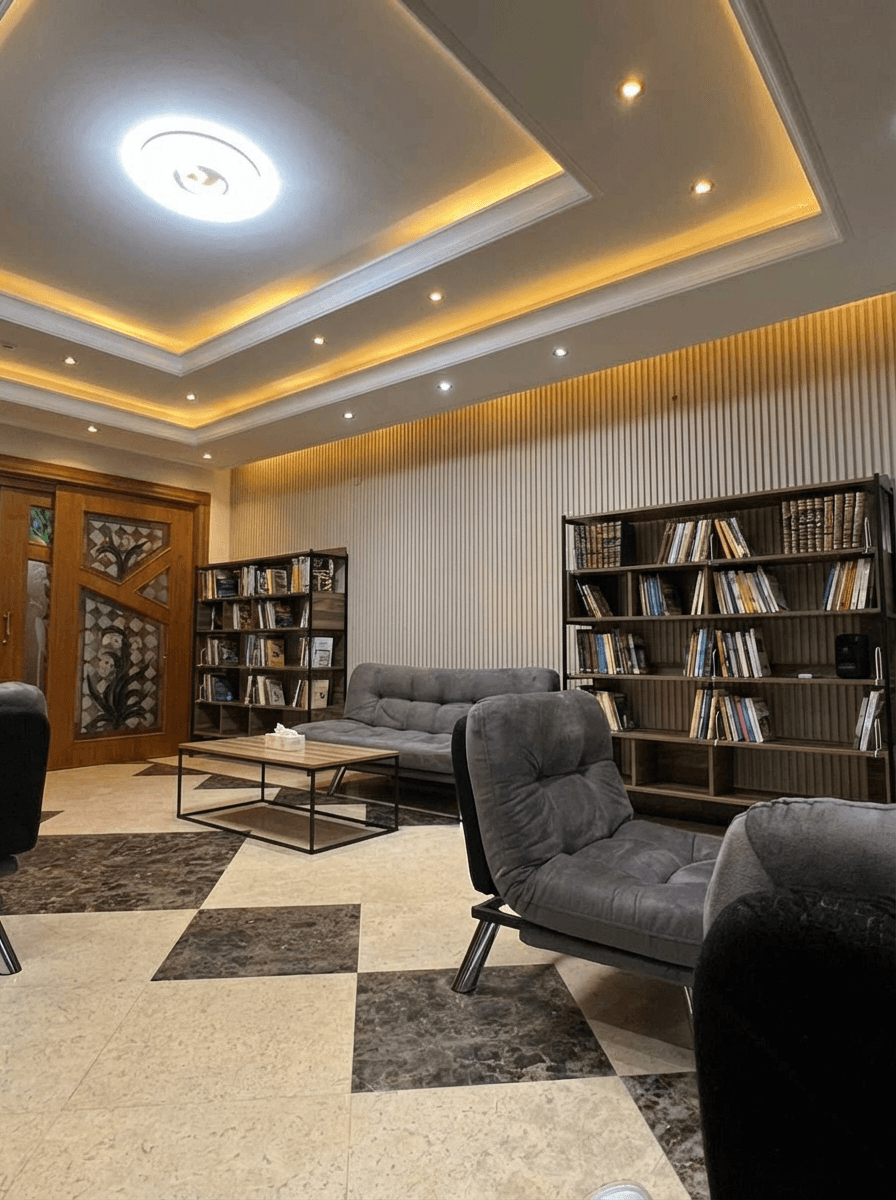 Student lounge and library with stocked bookshelves